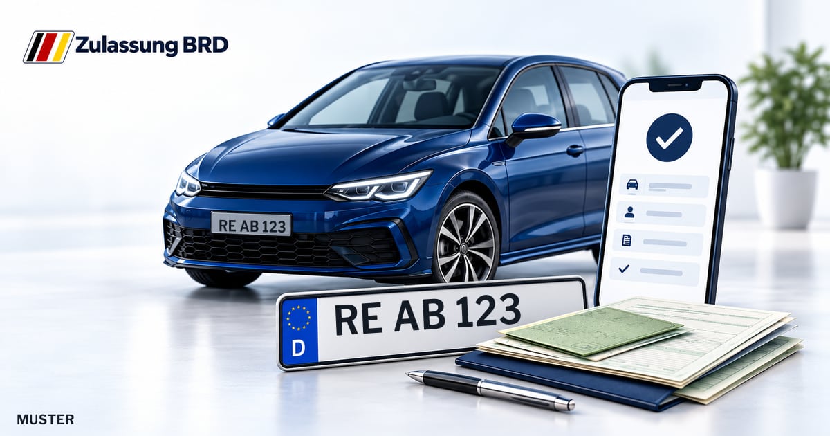Online Fahrzeugzulassung in Dorsten: Musterkennzeichen RE AB 123, Auto und Fahrzeugpapiere und Smartphone. Illustration mit Logo von Zulassung BRD.